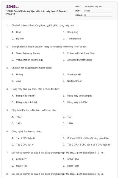 1000+ Câu hỏi trắc nghiệm kiến trúc máy tính có đáp án - Phần 14