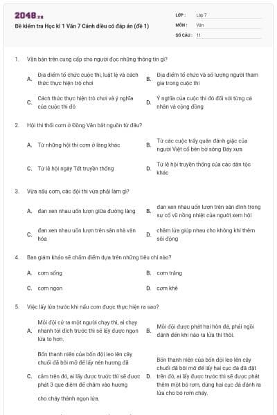 Đề kiểm tra Học kì 1 Văn 7 Cánh diều có đáp án (đề 1)