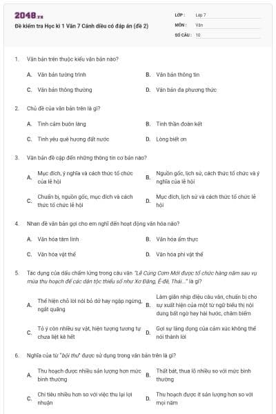 Đề kiểm tra Học kì 1 Văn 7 Cánh diều có đáp án (đề 2)