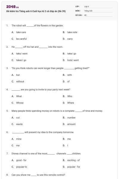 Đề kiểm tra Tiếng anh 6 Cuối học kì 2 có đáp án (Đề 39)