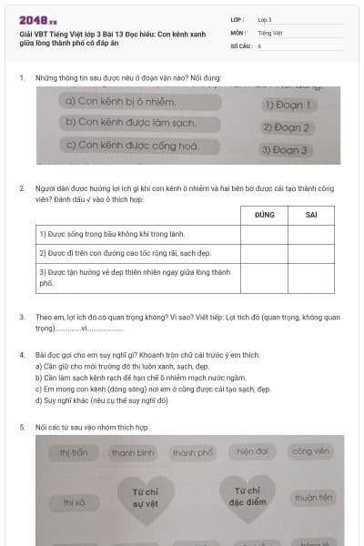 Giải VBT Tiếng Việt lớp 3 Bài 13 Đọc hiểu: Con kênh xanh giữa lòng thành phố có đáp án