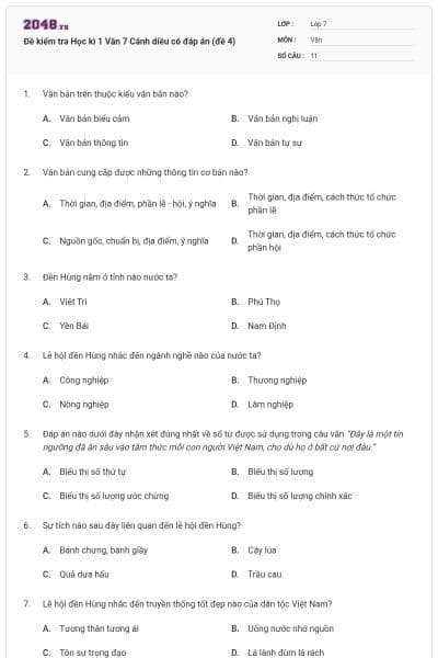 Đề kiểm tra Học kì 1 Văn 7 Cánh diều có đáp án (đề 4)