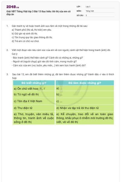 Giải VBT Tiếng Việt lớp 3 Bài 13 Đọc hiểu: Đô thị của em có đáp án