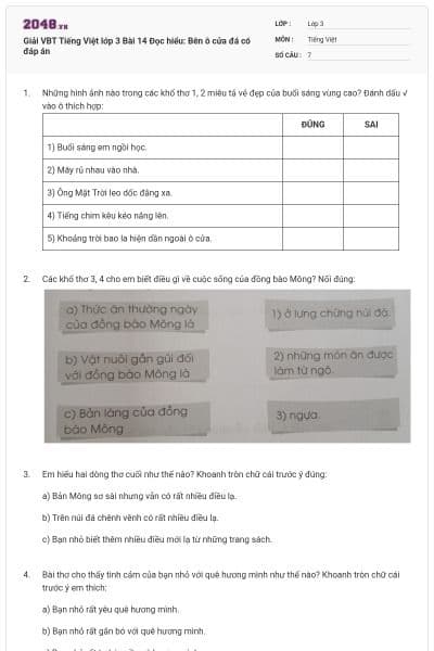 Giải VBT Tiếng Việt lớp 3 Bài 14 Đọc hiểu: Bên ô cửa đá có đáp án