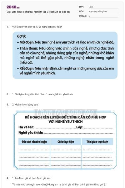 Giải VBT Hoạt động trải nghiệm lớp 3 Tuần 34 có đáp án