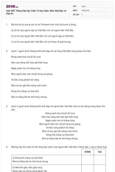 Giải VBT Tiếng Việt lớp 3 Bài 14 Đọc hiểu: Nhớ Việt Bắc có đáp án