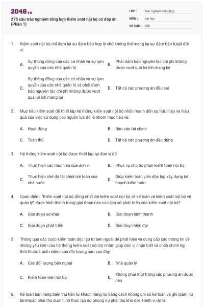 275 câu trắc nghiệm tổng hợp Kiểm soát nội bộ có đáp án (Phần 1)