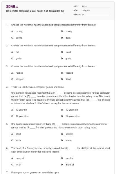 Đề kiểm tra Tiếng anh 6 Cuối học kì 2 có đáp án (Đề 40)
