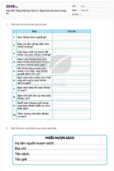 Giải VBT Tiếng Việt lớp 3 Bài 31: Người làm đồ chơi có đáp án