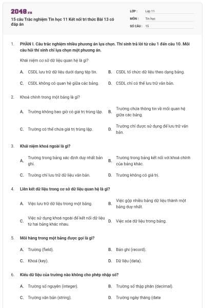 15 câu Trắc nghiệm Tin học 11 Kết nối tri thức Bài 13 có đáp án