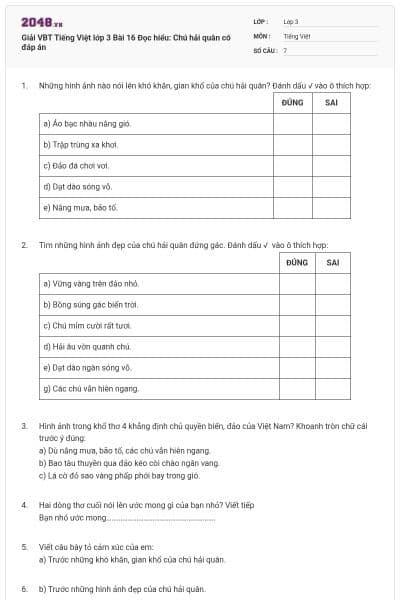 Giải VBT Tiếng Việt lớp 3 Bài 16 Đọc hiểu: Chú hải quân có đáp án