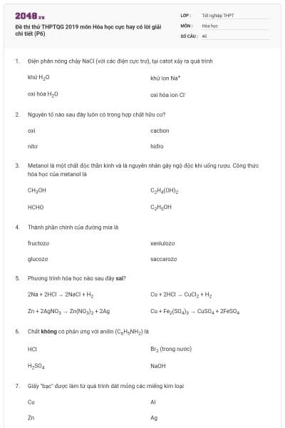 Đề thi thử THPTQG 2019 môn Hóa học cực hay có lời giải chi tiết (P6)