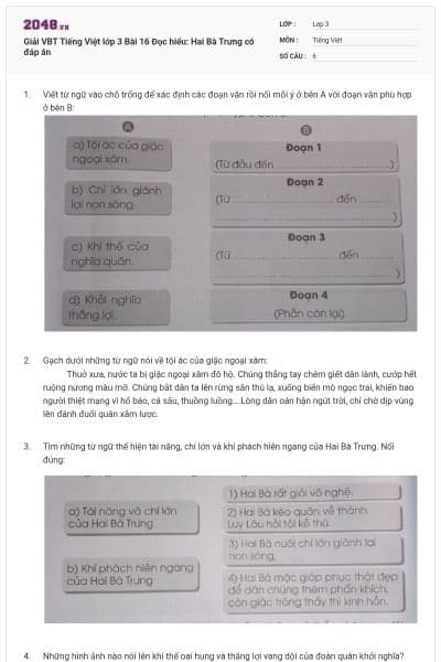 Giải VBT Tiếng Việt lớp 3 Bài 16 Đọc hiểu: Hai Bà Trưng có đáp án