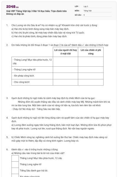 Giải VBT Tiếng Việt lớp 3 Bài 16 Đọc hiểu: Trận đánh trên không có đáp án