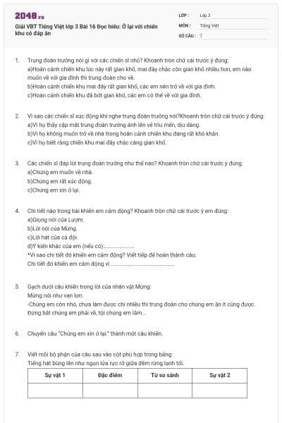 Giải VBT Tiếng Việt lớp 3 Bài 16 Đọc hiểu: Ở lại với chiến khu có đáp án