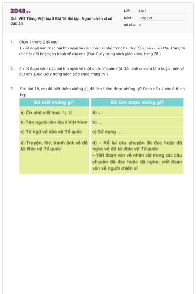 Giải VBT Tiếng Việt lớp 3 Bài 16 Bài tập: Người chiến sĩ có đáp án
