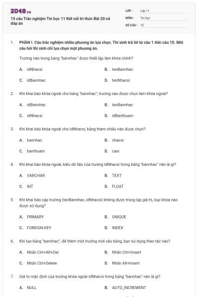 15 câu Trắc nghiệm Tin học 11 Kết nối tri thức Bài 20 có đáp án