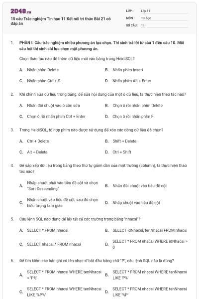 15 câu Trắc nghiệm Tin học 11 Kết nối tri thức Bài 21 có đáp án