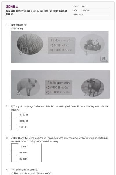 Giải VBT Tiếng Việt lớp 3 Bài 17 Bài tập: Tiết kiệm nước có đáp án
