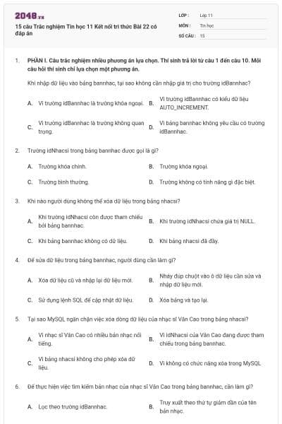 15 câu Trắc nghiệm Tin học 11 Kết nối tri thức Bài 22 có đáp án