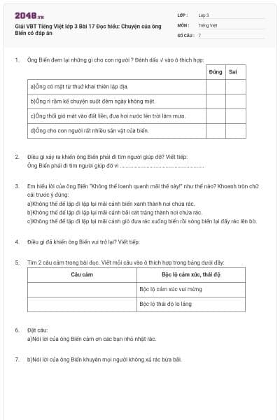 Giải VBT Tiếng Việt lớp 3 Bài 17 Đọc hiểu: Chuyện của ông Biển có đáp án