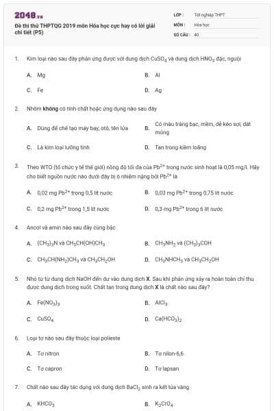 Đề thi thử THPTQG 2019 môn Hóa học cực hay có lời giải chi tiết (P5)