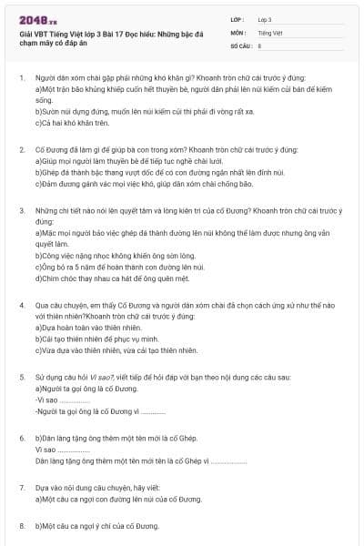 Giải VBT Tiếng Việt lớp 3 Bài 17 Đọc hiểu: Những bậc đá chạm mây có đáp án