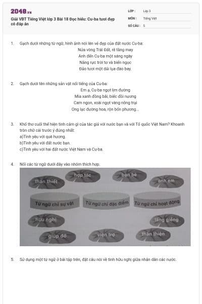 Giải VBT Tiếng Việt lớp 3 Bài 18 Đọc hiểu: Cu-ba tươi đẹp có đáp án