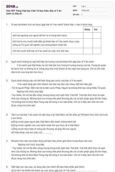 Giải VBT Tiếng Việt lớp 3 Bài 18 Đọc hiểu: Bác sĩ Y-éc-xanh có đáp án