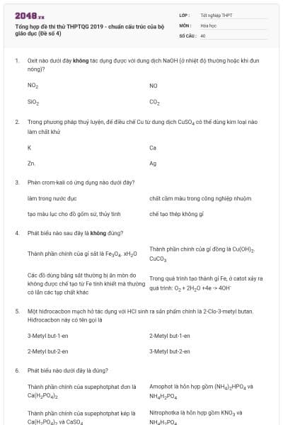 Tổng hợp đề thi thử THPTQG 2019 - chuẩn cấu trúc của bộ giáo dục (Đề số 4)