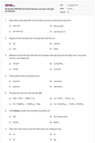 Đề thi thử THPTQG 2019 môn Hóa học cực hay có lời giải chi tiết (P6)