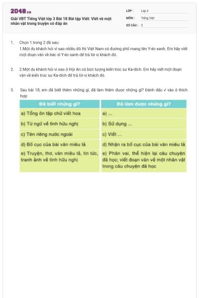 Giải VBT Tiếng Việt lớp 3 Bài 18 Bài tập Viết: Viết về một nhân vật trong truyện có đáp án