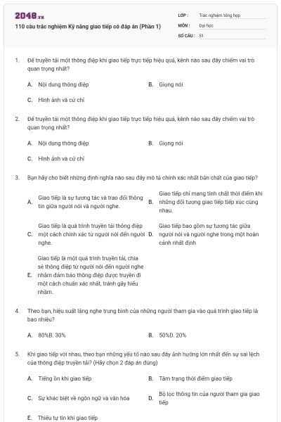 110 câu trắc nghiệm Kỹ năng giao tiếp có đáp án (Phần 1)