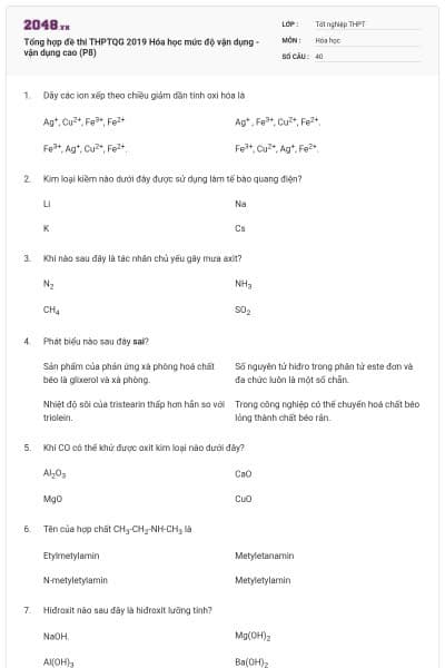 Tổng hợp đề thi THPTQG 2019 Hóa học mức độ vận dụng - vận dụng cao (P8)