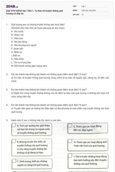 Giải VTH GDCD lớp 7 Bài 1. Tự hào về truyền thống quê hương có đáp án