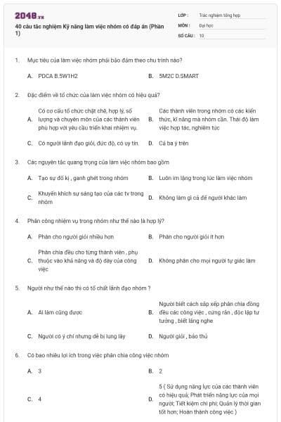 40 câu tắc nghiệm Kỹ năng làm việc nhóm có đáp án (Phần 1)