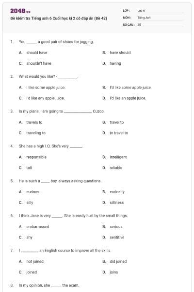 Đề kiểm tra Tiếng anh 6 Cuối học kì 2 có đáp án (Đề 42)