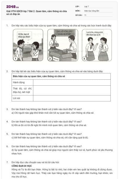 Giải VTH GDCD lớp 7 Bài 2. Quan tâm, cảm thông và chia sẻ có đáp án