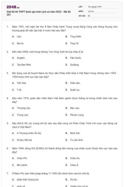 Giải Đề thi THPT Quốc gia môn Lịch sử năm 2022 - Mã đề 301