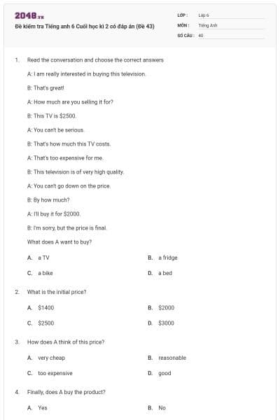 Đề kiểm tra Tiếng anh 6 Cuối học kì 2 có đáp án (Đề 43)