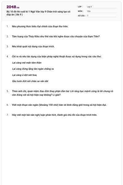 Bộ 10 đề thi cuối kì 1 Ngữ Văn lớp 9 Chân trời sáng tạo có đáp án ( Đề 9 )