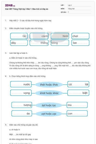 Giải VBT Tiếng Việt lớp 3 Bài 1: Bầu trời có đáp án