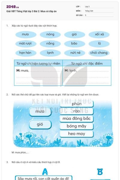Giải VBT Tiếng Việt lớp 3 Bài 2: Mưa có đáp án