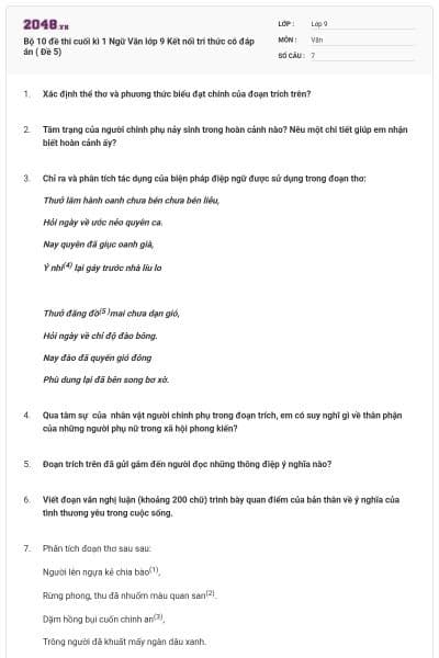 Bộ 10 đề thi cuối kì 1 Ngữ Văn lớp 9 Kết nối tri thức có đáp án ( Đề 5)