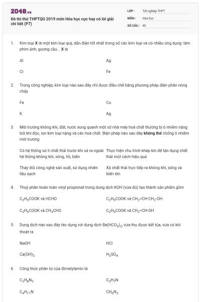 Đề thi thử THPTQG 2019 môn Hóa học cực hay có lời giải chi tiết (P7)