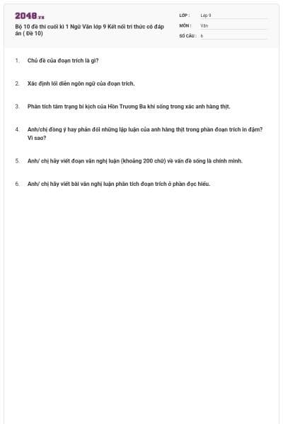 Bộ 10 đề thi cuối kì 1 Ngữ Văn lớp 9 Kết nối tri thức có đáp án ( Đề 10)