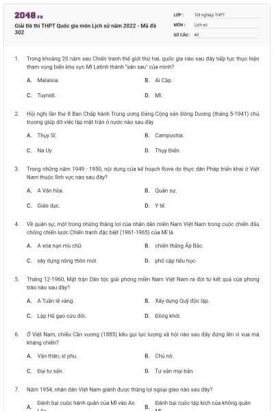 Giải Đề thi THPT Quốc gia môn Lịch sử năm 2022 - Mã đề 302