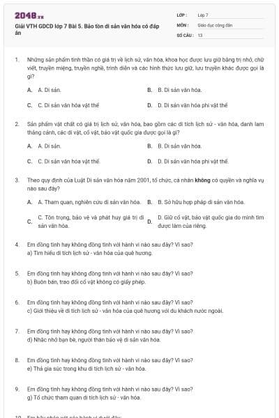 Giải VTH GDCD lớp 7 Bài 5. Bảo tồn di sản văn hóa có đáp án