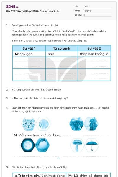 Giải VBT Tiếng Việt lớp 3 Bài 6: Cây gạo có đáp án