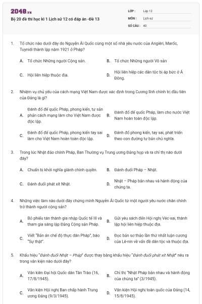 Bộ 20 đề thi học kì 1 Lịch sử 12 có đáp án -Đề 13